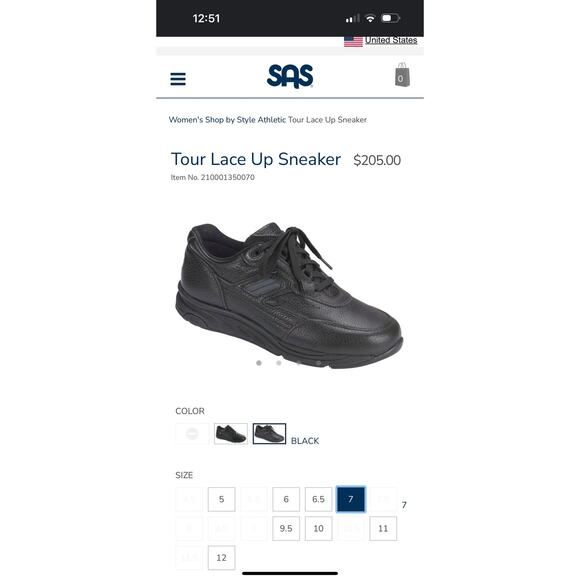 SAS Women’s sz 7 Tour Lace Up Sneaker Black Leather Diabetic Medicare Comfort - Picture 3 of 10